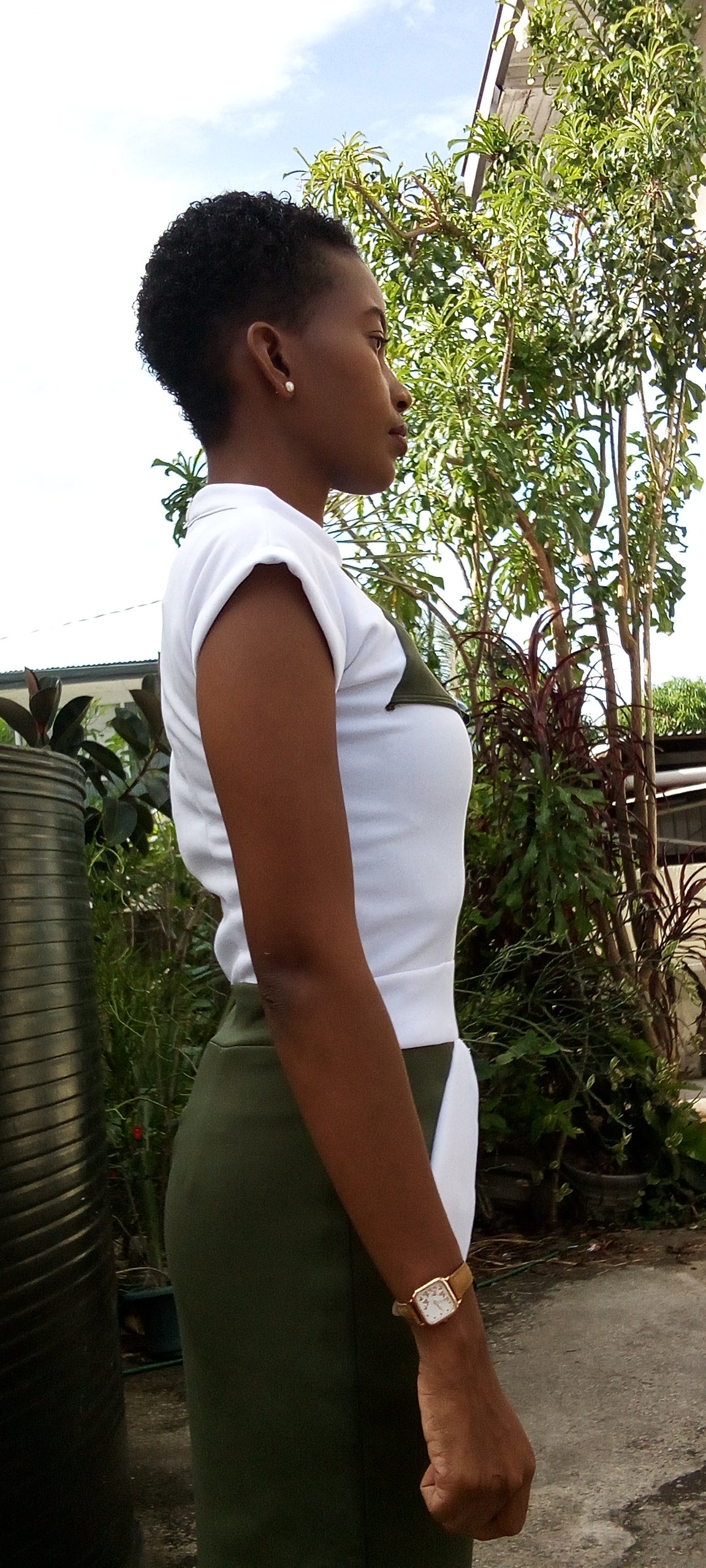 Two Color Pencil Knee Length Dress with Turned in Collar and Sleeves